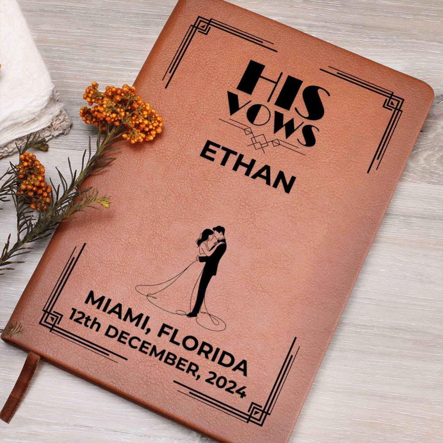Art Deco Personalized Wedding Vow Book Leather - His Vows Journal, Custom Vow Books, Wedding Personalized Vows Gift, Vow Book Leather Gift