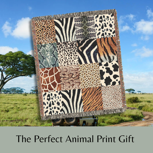 Animal Print Woven Blanket, Safari Checkerboard Throw Blanket, Cozy Throw for Living Room, Boho Home Decor, Wildlife Lovers Home Decor Gift