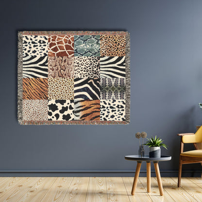 Animal Print Woven Blanket, Safari Checkerboard Throw Blanket, Cozy Throw for Living Room, Boho Home Decor, Wildlife Lovers Home Decor Gift