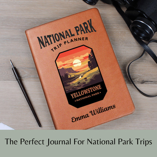 Custom USA National Parks Leather Journal -National Park Trip Planner Gift For Mountain Hiking Family Camping Vacation Keepsake All 63 Parks