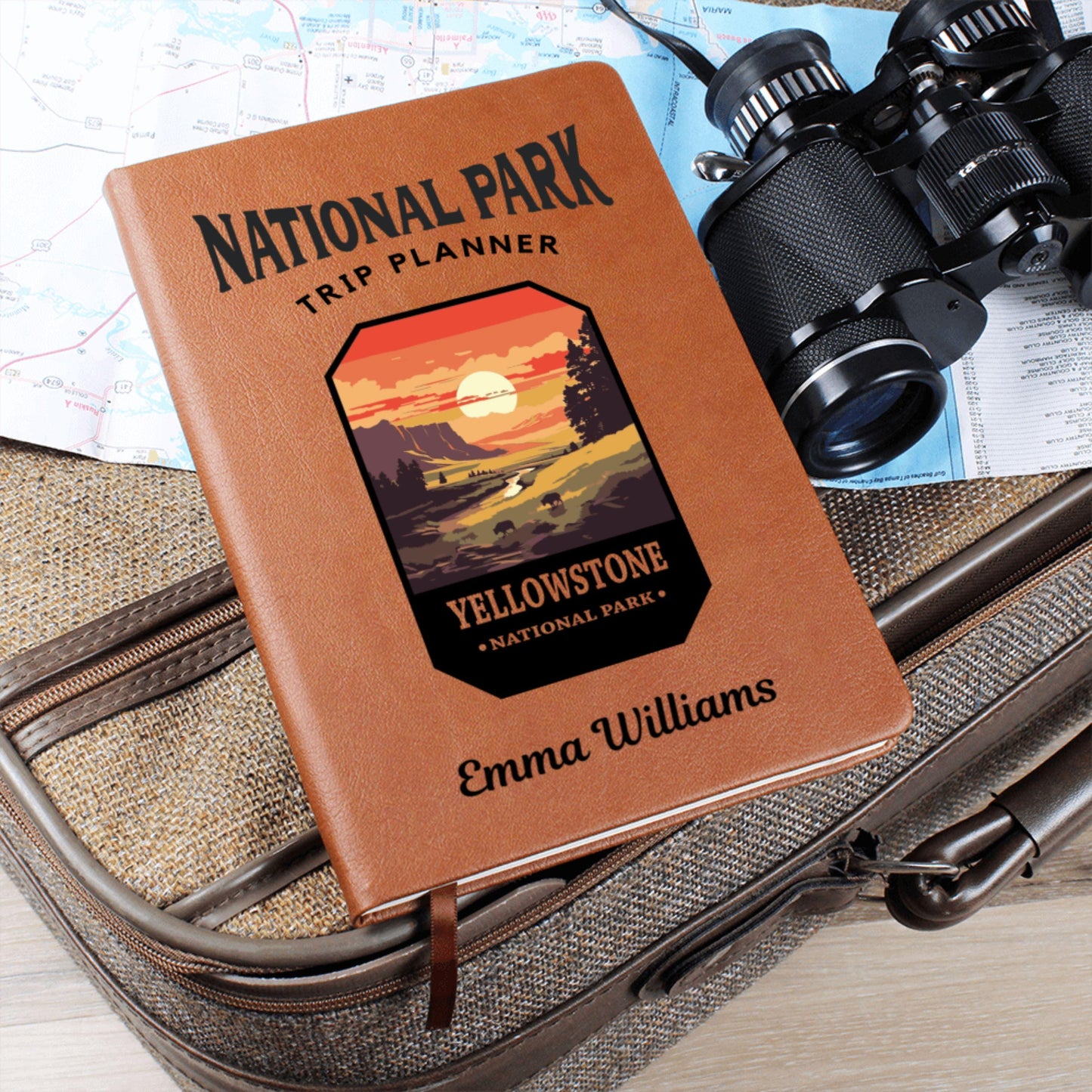 Custom USA National Parks Leather Journal -National Park Trip Planner Gift For Mountain Hiking Family Camping Vacation Keepsake All 63 Parks