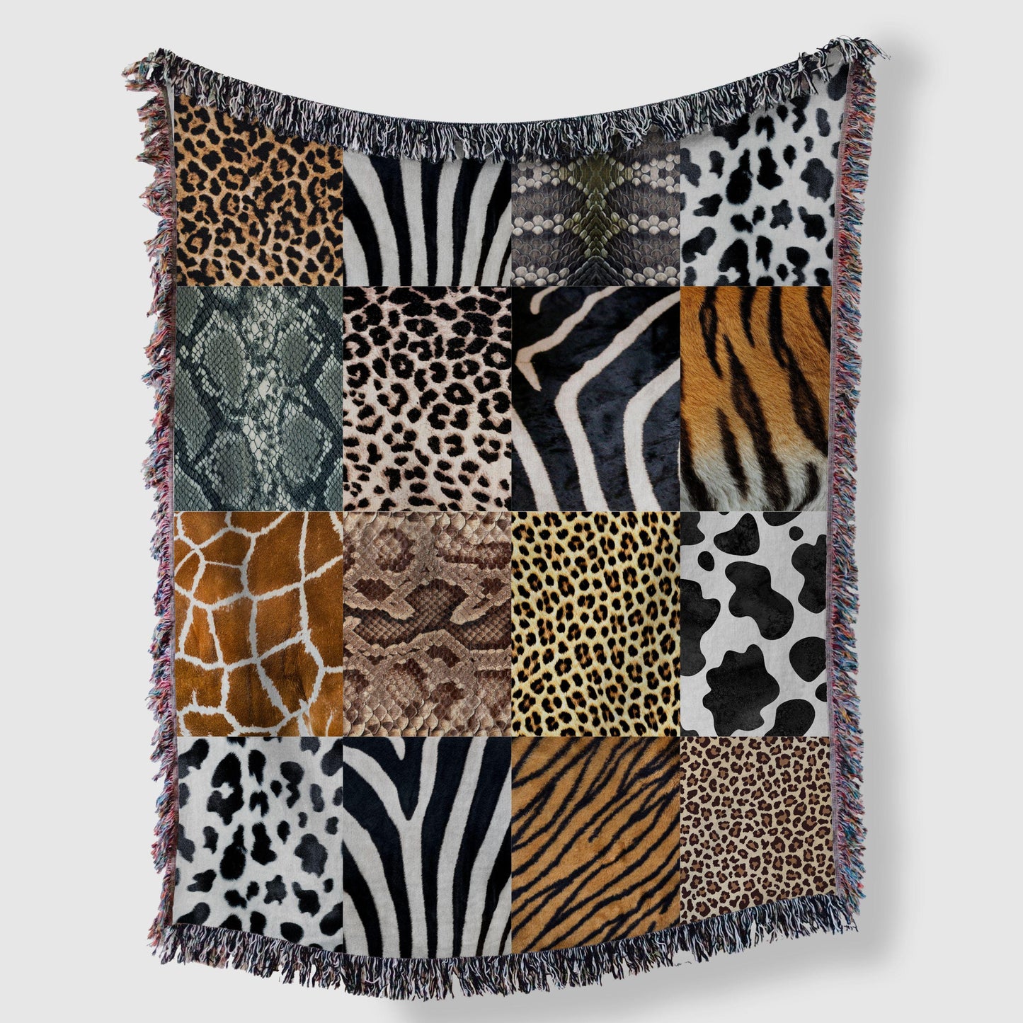 Animal Print Woven Blanket, Safari Checkerboard Throw Blanket, Cozy Throw for Living Room, Boho Home Decor, Wildlife Lovers Home Decor Gift