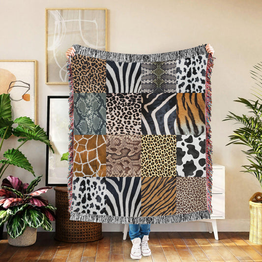 Animal Print Woven Blanket, Safari Checkerboard Throw Blanket, Cozy Throw for Living Room, Boho Home Decor, Wildlife Lovers Home Decor Gift