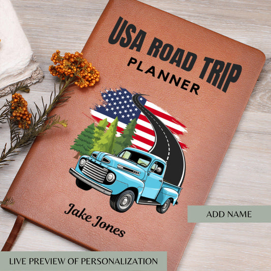 Personalized Road Trip Planner Leather Journal – USA Travel Custom Adventure Log, RV Travel Diary, Van Life Journal, Vacation Memory Book