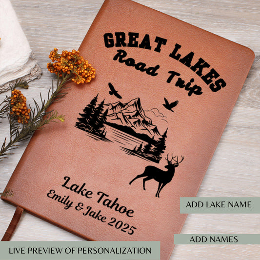 Great Lakes Personalized Leather Journal – Custom Travel Notebook, Adventure Diary, Lake Trip Planner, Vacation Memory Book, Camper Gift