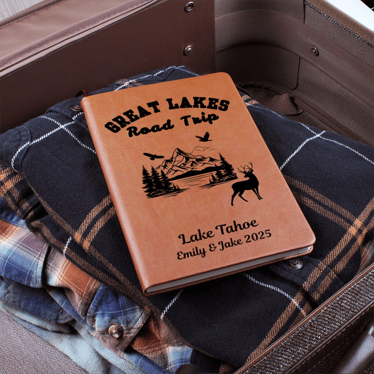 Great Lakes Personalized Leather Journal – Custom Travel Notebook, Adventure Diary, Lake Trip Planner, Vacation Memory Book, Camper Gift