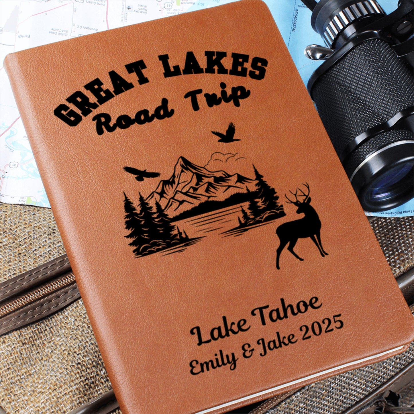 Great Lakes Personalized Leather Journal – Custom Travel Notebook, Adventure Diary, Lake Trip Planner, Vacation Memory Book, Camper Gift
