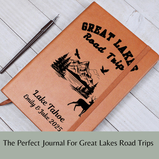 Great Lakes Personalized Leather Journal – Custom Travel Notebook, Adventure Diary, Lake Trip Planner, Vacation Memory Book, Camper Gift