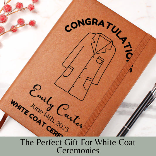 Personalized White Coat Ceremony Leather Journal - Future Doctor Gift Medical Student Nurse Dentist Pharmacist Vet Graduation Keepsake