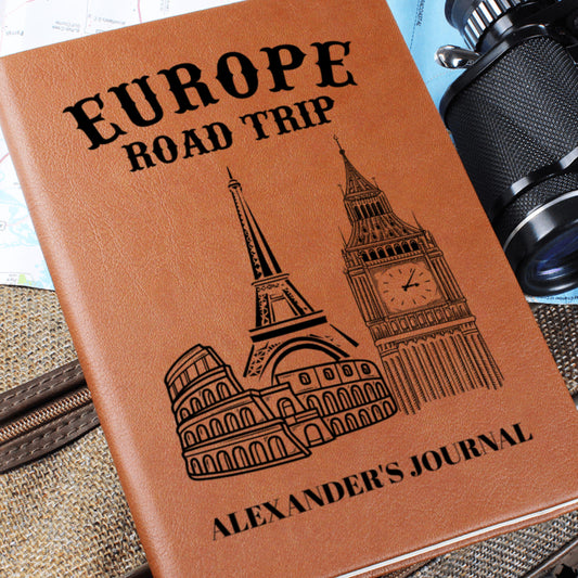 Personalized Europe Road Trip Journal Custom Leather Travel Notebook Gift for Traveler Adventure Diary Keepsake Memory Book for Him Her