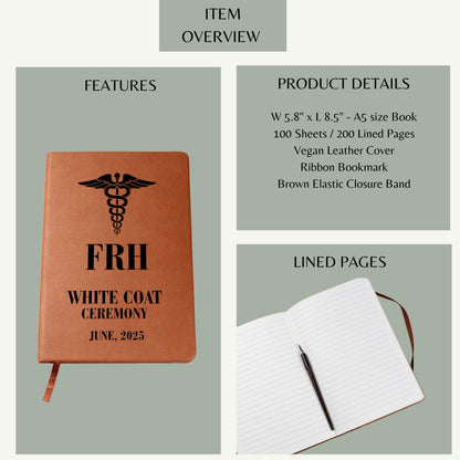 Custom White Coat Ceremony Journal Gift, Personalized Doctor Notebook, Monogram Leather Journal, Graduation Keepsake for Medical Students
