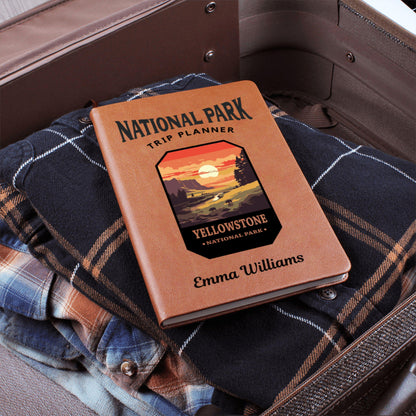 Custom USA National Parks Leather Journal -National Park Trip Planner Gift For Mountain Hiking Family Camping Vacation Keepsake All 63 Parks