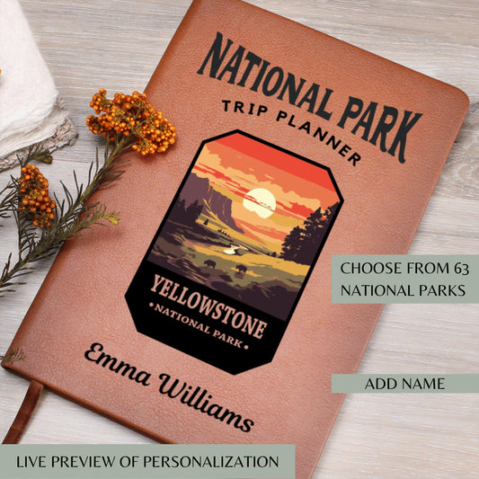 Custom USA National Parks Leather Journal -National Park Trip Planner Gift For Mountain Hiking Family Camping Vacation Keepsake All 63 Parks