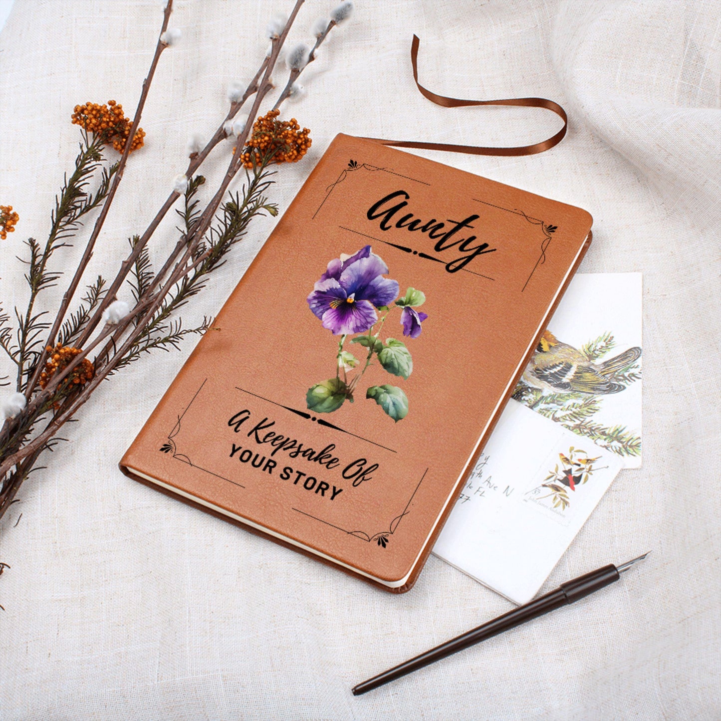 Personalized Aunty Journal with Birth Flower, Custom Leather Notebook Gift for Aunt Birthday, Christmas, Keepsake for Favorite Auntie