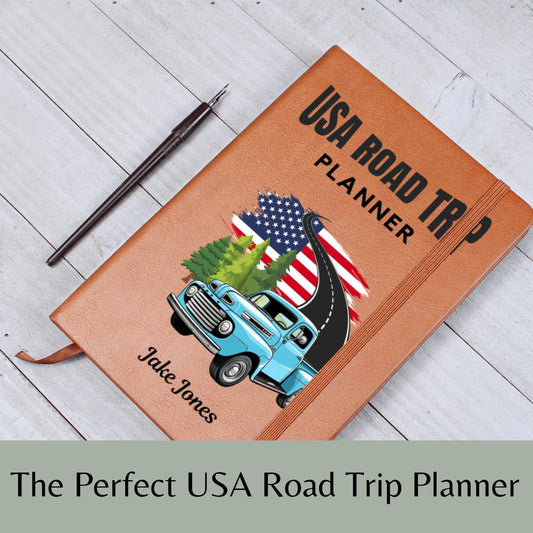 Personalized Road Trip Planner Leather Journal – USA Travel Custom Adventure Log, RV Travel Diary, Van Life Journal, Vacation Memory Book