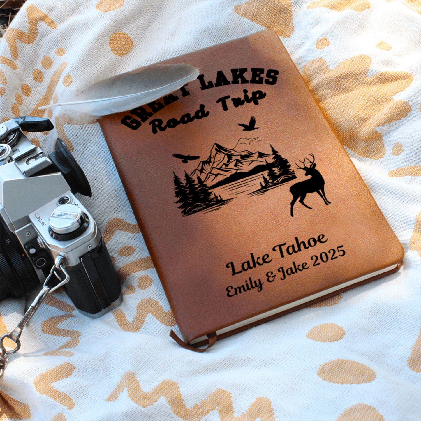 Great Lakes Personalized Leather Journal – Custom Travel Notebook, Adventure Diary, Lake Trip Planner, Vacation Memory Book, Camper Gift