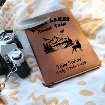 Great Lakes Personalized Leather Journal – Custom Travel Notebook, Adventure Diary, Lake Trip Planner, Vacation Memory Book, Camper Gift