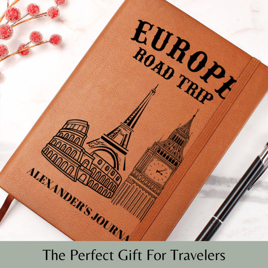Personalized Europe Road Trip Journal Custom Leather Travel Notebook Gift for Traveler Adventure Diary Keepsake Memory Book for Him Her