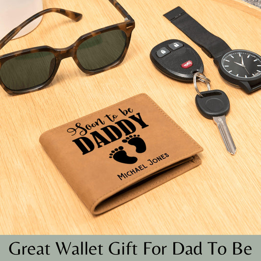Personalized Soon to Be Daddy Wallet Leather Bifold Gift New Dad Pregnancy Announcement Gift Fathers Day Dad to Be Gift Baby Shower Idea