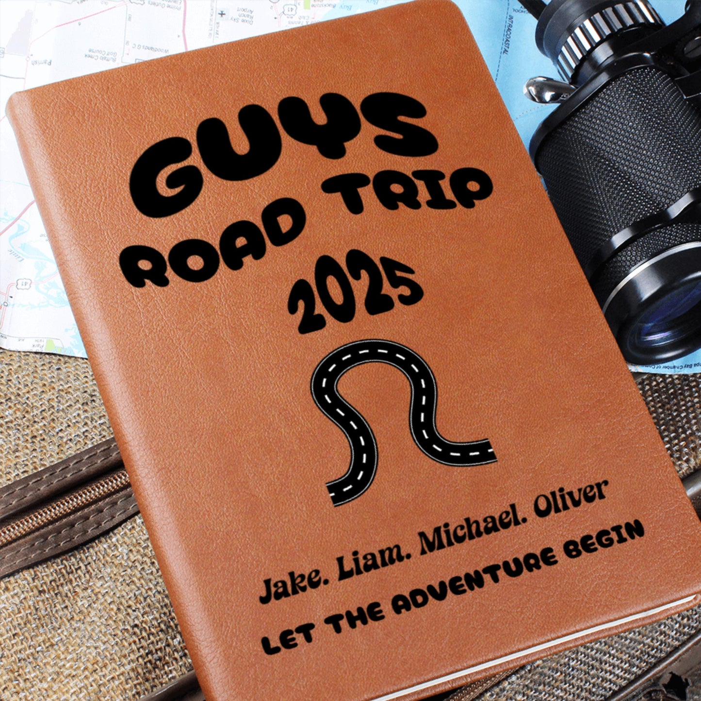 Guys Road Trip Planner Journal Personalized Leather Travel Notebook Adventure Log Book Gift for Him Custom Trip Diary for Men on the Road