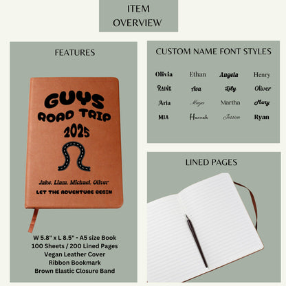 Guys Road Trip Planner Journal Personalized Leather Travel Notebook Adventure Log Book Gift for Him Custom Trip Diary for Men on the Road