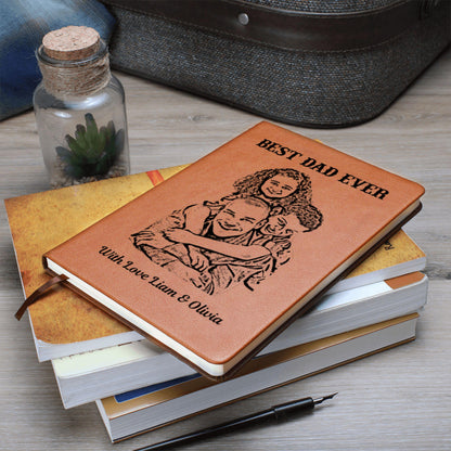 Personalized Best Dad Ever Leather Journal Custom Sketch Photo Notebook Kids Names Gift Keepsake Father’s Day Gift from Son Daughter For Dad