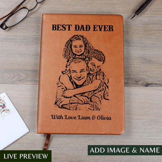 Personalized Best Dad Ever Leather Journal Custom Sketch Photo Notebook Kids Names Gift Keepsake Father’s Day Gift from Son Daughter For Dad