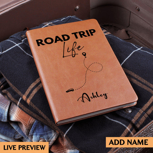 Personalized Road Trip Life Leather Journal Custom Travel Diary Adventure Notebook Gift for Solo Travelers Couples Travel Log Memory Book