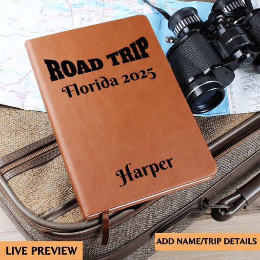 Personalized Road Trip Leather Journal Custom Travel Diary Adventure Log Book Gift for Travelers Travel Memory Notebook Solo Trip Couples