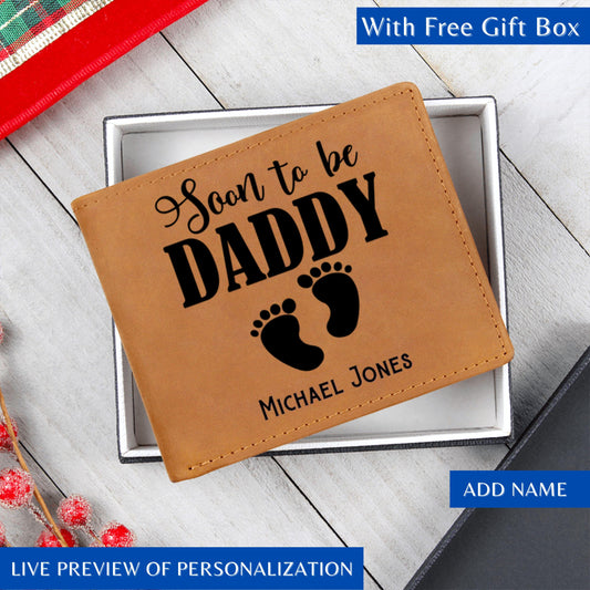 Personalized Soon to Be Daddy Wallet Leather Bifold Gift New Dad Pregnancy Announcement Gift Fathers Day Dad to Be Gift Baby Shower Idea
