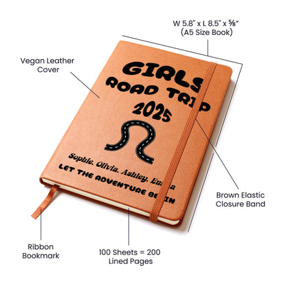 Girls Road Trip Planner Journal Personalized Leather Travel Notebook Custom Adventure Diary Gift for Best Friends Bachelorette Girls Trip