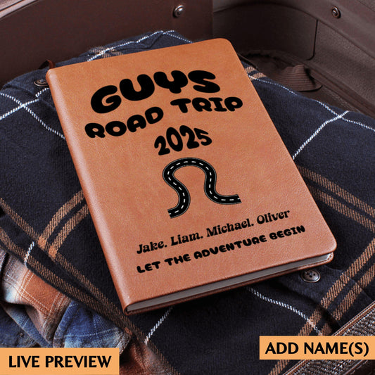 Guys Road Trip Planner Journal Personalized Leather Travel Notebook Adventure Log Book Gift for Him Custom Trip Diary for Men on the Road
