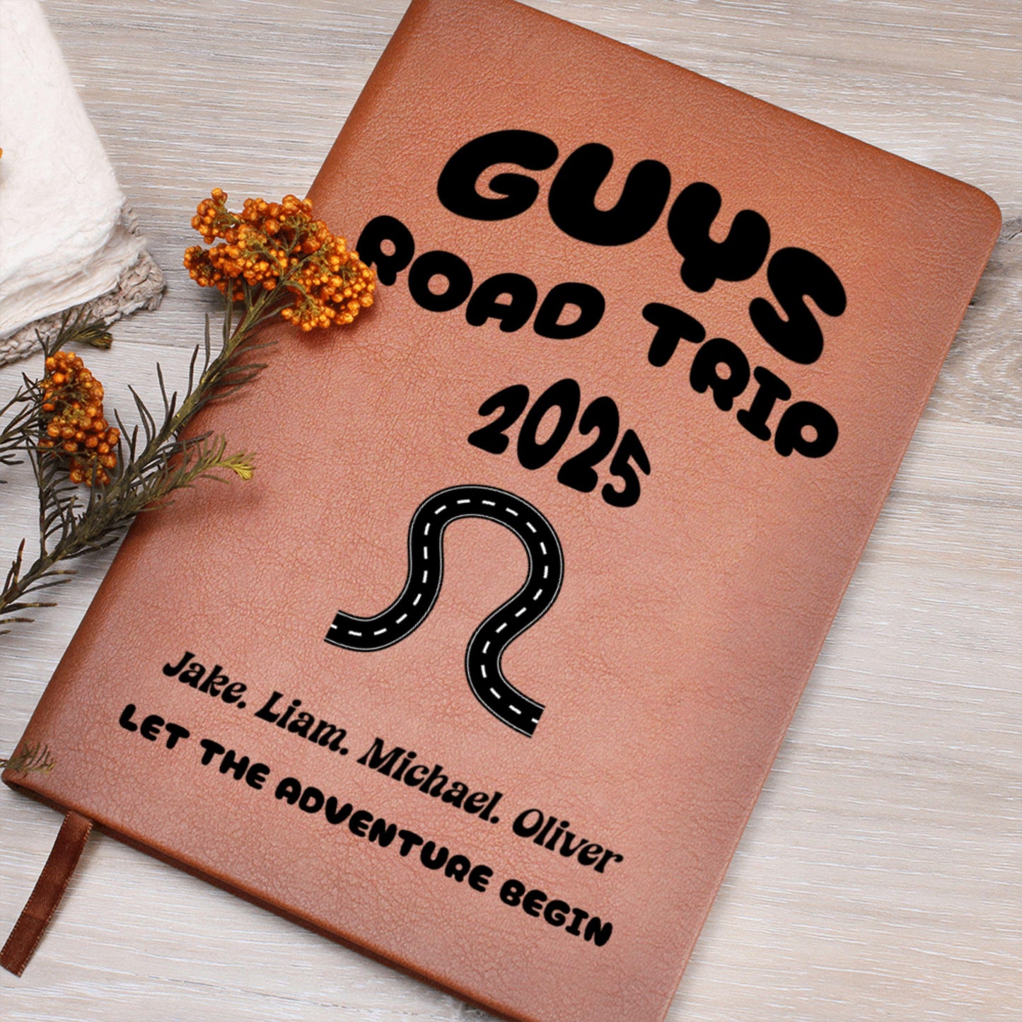 Guys Road Trip Planner Journal Personalized Leather Travel Notebook Adventure Log Book Gift for Him Custom Trip Diary for Men on the Road