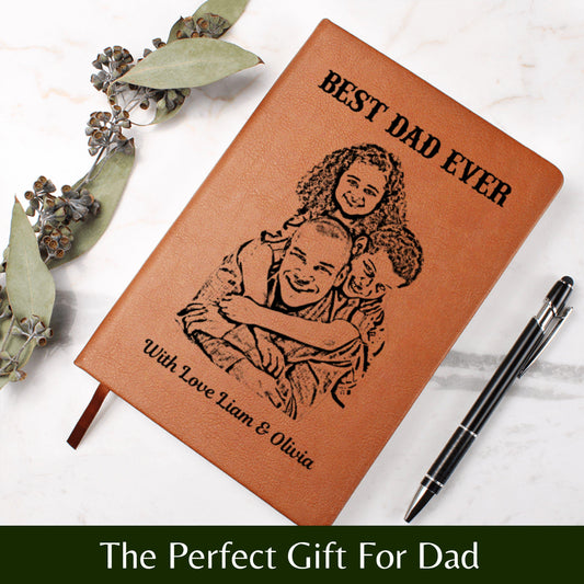 Personalized Best Dad Ever Leather Journal Custom Sketch Photo Notebook Kids Names Gift Keepsake Father’s Day Gift from Son Daughter For Dad
