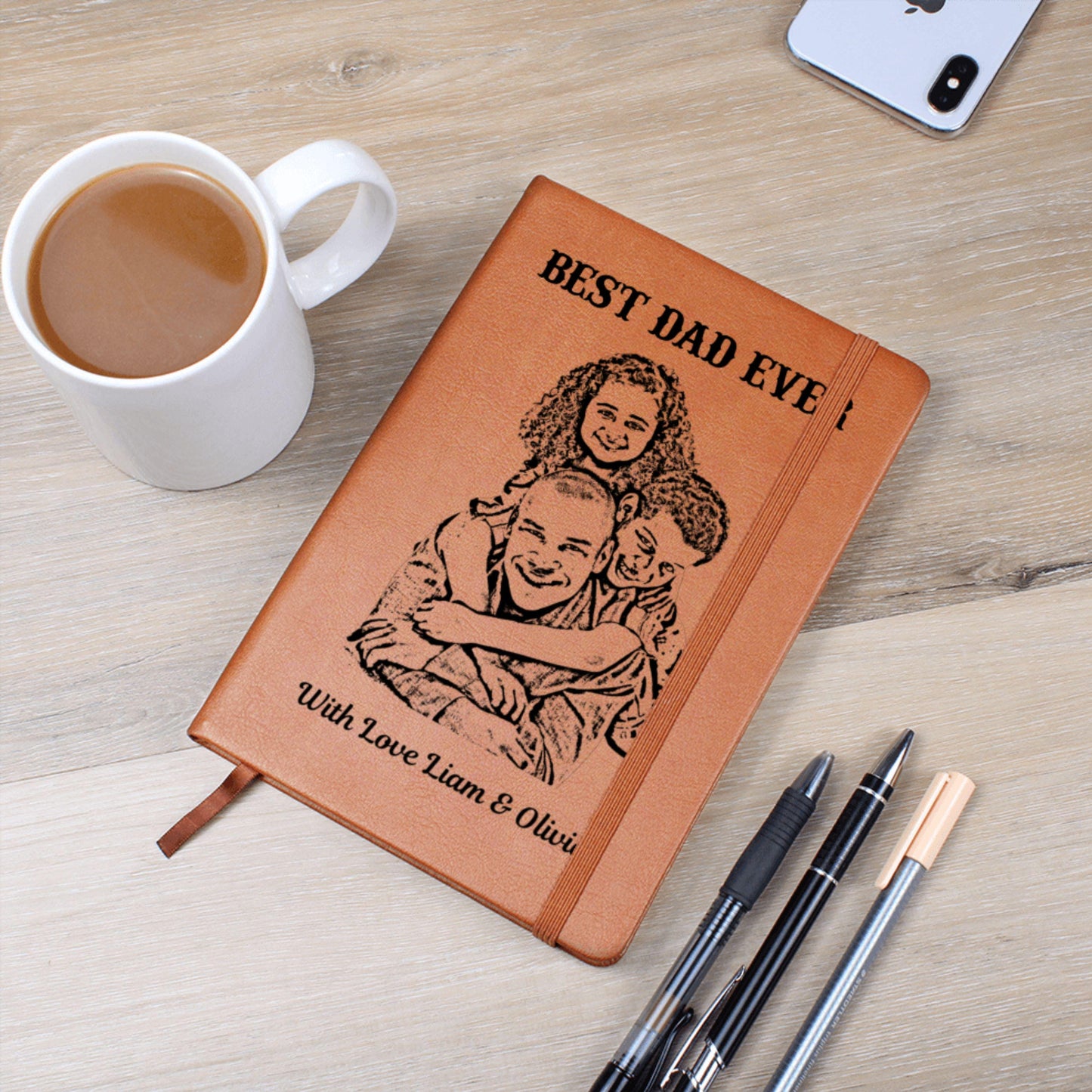 Personalized Best Dad Ever Leather Journal Custom Sketch Photo Notebook Kids Names Gift Keepsake Father’s Day Gift from Son Daughter For Dad