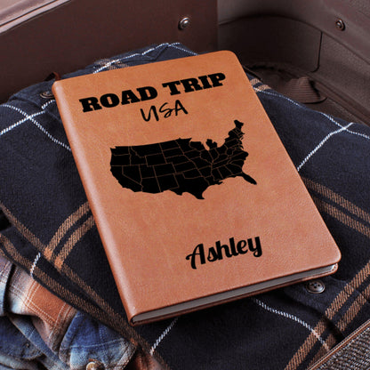 Personalized Road Trip USA Leather Journal Custom Travel Diary Adventure Notebook Memory Book Gift Idea Custom Name Map Journal for Him Her