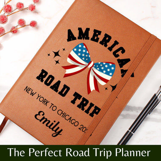 American Road Trip Journal Personalized Leather Travel Diary Custom Adventure Notebook Gift for Travelers Road Trip Keepsake Travel Log Book