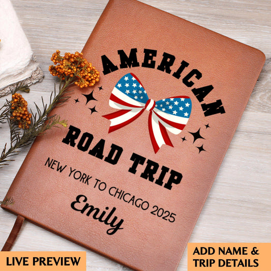 American Road Trip Journal Personalized Leather Travel Diary Custom Adventure Notebook Gift for Travelers Road Trip Keepsake Travel Log Book