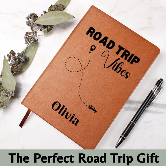 Personalized Road Trip Vibes Leather Journal Custom Travel Diary Adventure Notebook Travel Memory Book Gift for Traveler Road Trip Log Book