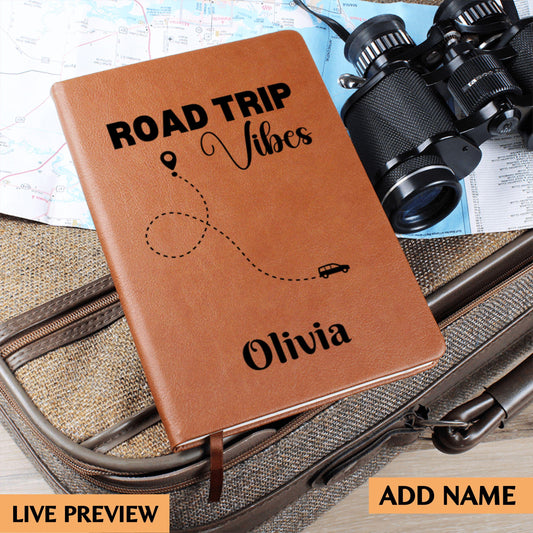 Personalized Road Trip Vibes Leather Journal Custom Travel Diary Adventure Notebook Travel Memory Book Gift for Traveler Road Trip Log Book