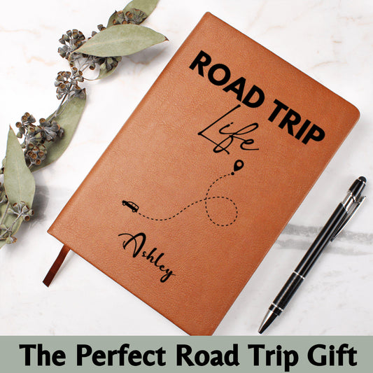 Personalized Road Trip Life Leather Journal Custom Travel Diary Adventure Notebook Gift for Solo Travelers Couples Travel Log Memory Book