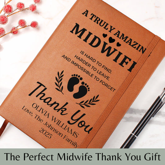 Personalized Midwife Thank You Gift Leather Journal – Baby Delivery Gift from Family, Doula Appreciation Birthing Team Gift for Midwife