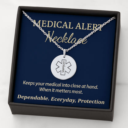 Medical Alert Necklace Engraved ID Pendant, Emergency Allergy Diabetes Asthma Jewelry, Custom ICE Info Gift for Men Women Seniors Road ID