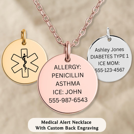 Medical Alert Necklace Engraved ID Pendant, Emergency Allergy Diabetes Asthma Jewelry, Custom ICE Info Gift for Men Women Seniors Road ID