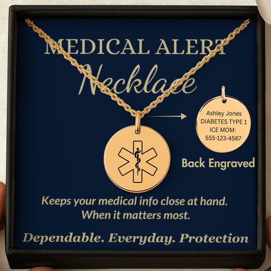 Medical Alert Necklace Engraved ID Pendant, Emergency Allergy Diabetes Asthma Jewelry, Custom ICE Info Gift for Men Women Seniors Road ID